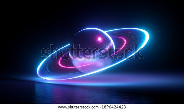 3d render, abstract planet symbol, geometric shape\
with neon light, levitating metallic ball with glowing ultraviolet\
rings