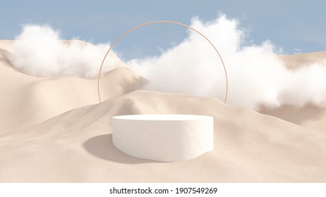 3d render abstract platform podium on water and waving curtains. Realistic pastel mock-up for products promotion. Abstract modern minimal background with emty podium.