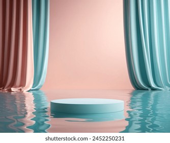 3d render abstract platform podium on water and waving curtains. Realistic pastel mock-up for products promotion. Abstract modern minimal background with emty podium	