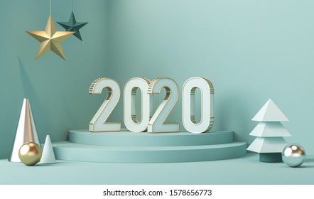 3d render abstract platforms minimal christmas holiday, new year 2020 type number scene platforms with golden, blue and white shapes. Realistic mock up for promotion, banners background, product show.