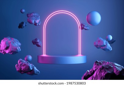 3d Render Abstract Podium Display, Neon Glowing Laser Line Illumination, Rock Meteorite Debris Boulder