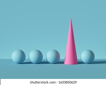 3d Render, Abstract Primitive Geometric Shapes Isolated On Blue Background. High Pink Cone, Row Of Small Balls. Outstanding Idea, One Of A Kind Concept. Modern Minimal Design