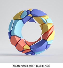 3d Render, Abstract Random Mosaic Pieces, Broken Torus, Cracked Round Surface With Hole. Blue Red Yellow Colorful Elements. Split Geometric Ring, Object Isolated On White Background. Minimal Design