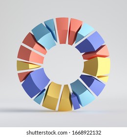 3d Render, Abstract Random Mosaic Pieces, Colorful Donut, Broken Torus, Cracked Round Surface With Hole. Blue Red Yellow Elements. Split Geometric Object, Isolated On White Background