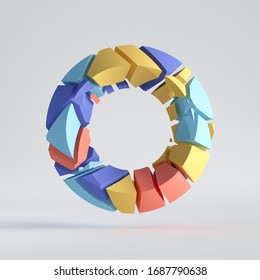 3d Render, Abstract Random Mosaic Pieces, Broken Torus, Cracked Round Surface With Hole, Colorful Donut. Blue Red Yellow Elements. Split Geometric Ring, Object Isolated On White Background