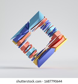 3d Render, Abstract Random Mosaic Pieces, Cracked Rhombus, Square Shape With Hole. Blue Red Yellow Elements. Split Colorful Geometric Object Isolated On White Background. Minimalist Design