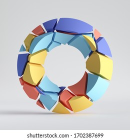 3d Render, Abstract Random Mosaic Pieces, Colorful Donut, Broken Torus, Cracked Surface. Blue Red Yellow Elements. Split Geometric Object, Isolated On White Background