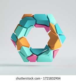 3d Render, Abstract Random Mosaic Pieces, Broken Polygonal Hexagon, Cracked Surface With Hole. Blue Mint Pink Elements. Split Geometric Colorful Object Isolated On White Background. Minimal Design