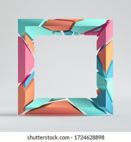 3d Render, Abstract Random Mosaic Pieces, Cracked Blank Square Frame, Copy Space Hole. Peachy Pink Blue Mint Elements. Split Colorful Geometric Object Isolated On White Background. Minimalist Design