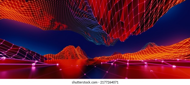 3d Render, Abstract Red Blue Cyber Technology Background. Virtual Reality Landscape With Wireframe Mountains. Panoramic Wallpaper