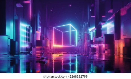 3d render, abstract red blue neon background. Glowing linear volumetric cube in the middle of the city street, under the starry night sky. Digital futuristic wallpaper