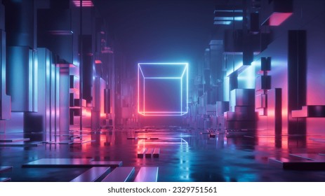 3d render, abstract red blue neon background. Glowing linear frame cube in the middle of the urban street at night. Digital futuristic wallpaper