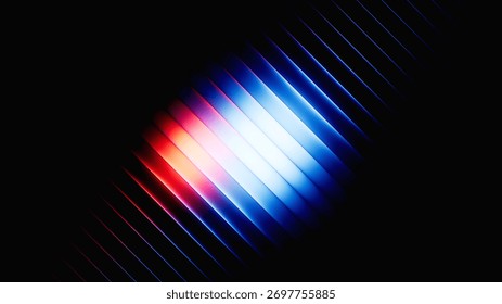 3d render. Abstract red and blue geometric background. Glowing neon diagonal lines. Ribbed glass wallpaper