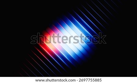 3d render. Abstract red and blue geometric background. Glowing neon diagonal lines. Ribbed glass wallpaper