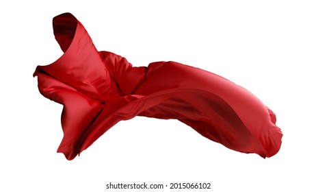 3d render, abstract red cloth falls down. Silk drapery flies away. Fashion clip art isolated on white background