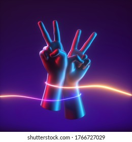 3d Render, Abstract Retro Synth Wave Concept, Victory Sign Gesture, Artificial Hands Tied With Neon Glowing Line. Mannequin Body Parts Isolated On Dark Background