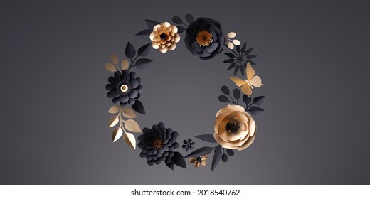 3d render, abstract round wreath of golden paper flowers and leaves isolated on black background, floral greeting card template, paper craft, botanical wallpaper