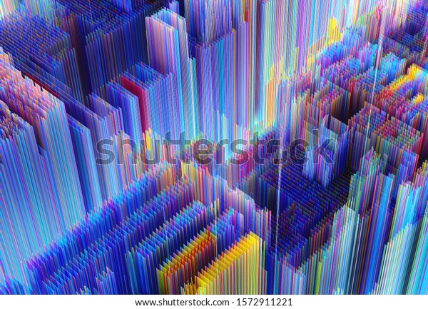 抽象的なサイバーシティの3d散乱地形背景を 小さなパーティクルの長い長方形またはストライプに基づいて 青い赤い黄色と紫色の明るい明かりを持つ3dレンダリング のイラスト素材