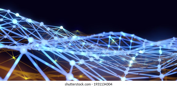 3D Render Abstract Sci Fi Neon Background, Network, Connections, Computer And Technology Idea