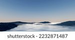 3d render, abstract seascape background, minimalist zen scenery, panoramic wallpaper. Calm water, black rocks and pastel blue gradient sky