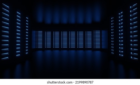 3D render, Abstract server room, data center, glowing servers at dark room - Powered by Shutterstock