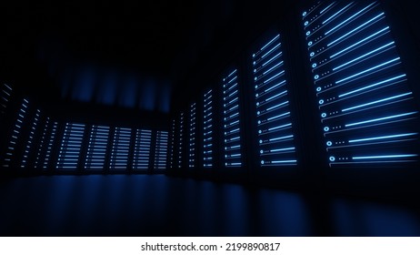 3D render, Abstract server room, data center, glowing servers at dark room