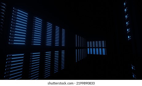 3D render, Abstract server room, data center, glowing servers at dark room