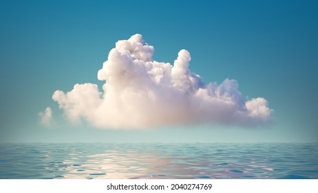 3d render, abstract simple background with white cloud levitating above the calm water with reflection. Minimal panoramic seascape