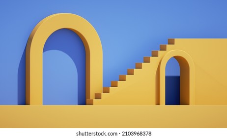 3d render, abstract simple blue yellow background with geometric architectural elements. Minimal showcase scene with stairs and round arch for product presentation