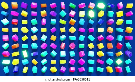3d render. 3d abstract simple geometric background with multicolor rectangles on plane with flashing multicolor neon light. Creative simple motion design background with 3d objects