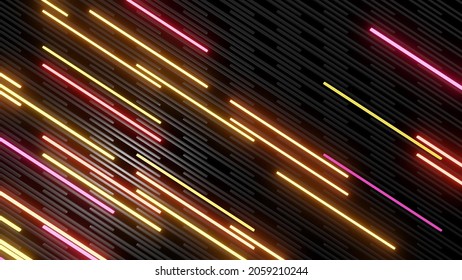 3d Render. Abstract Simple Geometric Background With Orange Red Rectangles Like Light Bulbs Flashing Neon Lights On Screen. Creative Simple Motion Design Bg With 3d Objects