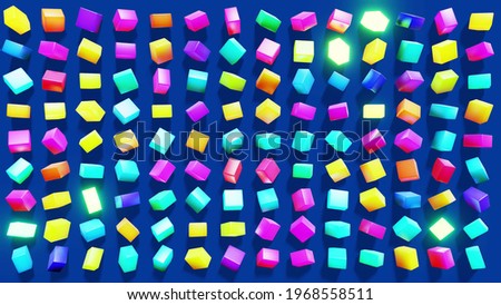 3d render. 3d abstract simple geometric background with multicolor rectangles on plane with flashing multicolor neon light. Creative simple motion design background with 3d objects