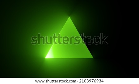 3d render, abstract simple green background with glowing triangle illuminated with the neon light. Geometric shape, blank triangular frame