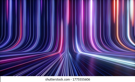3d render, abstract simple neon background, ultra violet rays, blue and pink glowing lines, cyber network data, speed of light, space and time strings