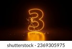 3d render, abstract sparkling linear number three, glowing digit 3 isolated on black background