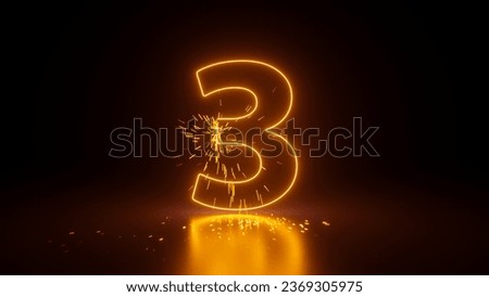 3d render, abstract sparkling linear number three, glowing digit 3 isolated on black background