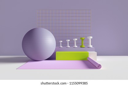 3d Render, Abstract Sport, Fitness Equipment, Active Lifestyle, Weight Loss, Objects, Gym, Pastel Colors Mockup