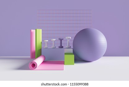 3d Render, Abstract Sport, Fitness Equipment, Active Lifestyle, Weight Loss, Objects, Gym, Pastel Colors Mockup