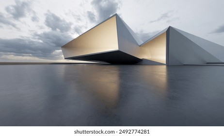 3d render of abstract structure futuristic architecture with bloom light, empty concrete floor