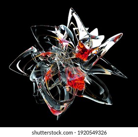 3d Render Of Abstract With Surreal Alien Flower In Curve Wavy Biological Lines Forms In Liquid Ice Glass Material With Red Parts On Isolated Black Background