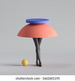 3d render, abstract surreal fashion concept, funny contemporary art. Colorful geometric shapes and black human model legs. Empty podium, pedestal, table or shop product display, commercial showcase.