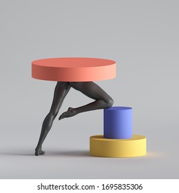 3d render, abstract surreal fashion concept, minimal design, funny contemporary art. Colorful geometric objects and black legs over white background. Podium, pedestal, table, product display showcase