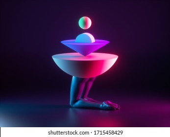 3d render, abstract surreal fashion concept, funny contemporary art. Colorful geometric objects and black legs isolated on black background. Modern minimal sculpture illuminated with neon light