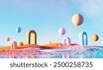 3d Render, Abstract Surreal landscape with colorful scene, pastel ball floating in the air with rainbow grass dune and arch with beautiful sky background.