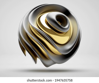 3d render abstract and 3d surreal sculpture in spherical organic curve round wavy biological lines forms in matte aluminium   glossy gold metal material light grey background