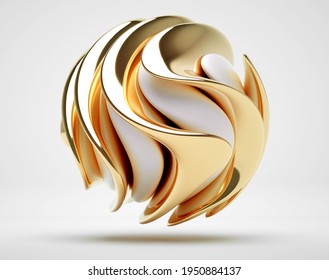 3d render of abstract with 3d surreal sculpture in spherical organic curve round wavy biological lines forms in white matte plastic and glossy gold metal material on light grey background