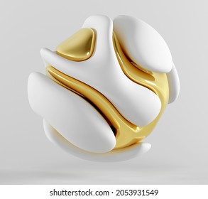 3d render abstract and 3d surreal sculpture in spherical organic curve round wavy biological lines forms in white matte plastic   glossy gold metal material light grey background