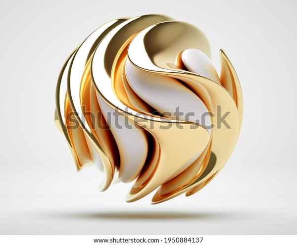3d\
render of abstract with 3d surreal sculpture in spherical organic\
curve round wavy biological lines forms in white matte plastic and\
glossy gold metal material on light grey\
background