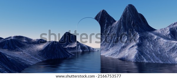 3d render. Abstract surreal seascape background with rocky mountains and mirror arches. Fantastic landscape wallpaper