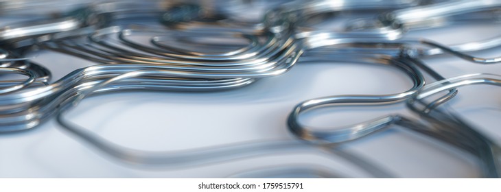 3d Render Of Abstract Swirly Reflective Metal Wire On White Background, Shallow Depth Of Field, Panoramic